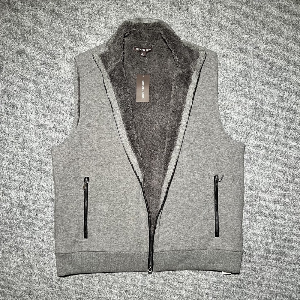 Michael Kors Vest Full Zip Fleece Gray Designer Pockets Winter Warm Cozy XL NWT